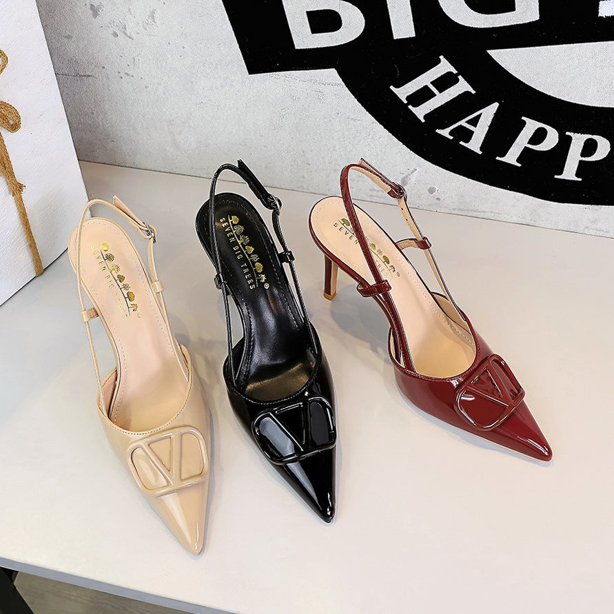 French v Shaped Square Buckle Pointed High Heels