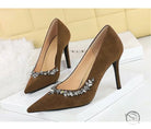 Elegant langry fashion brown suede stiletto heels with rhinestones