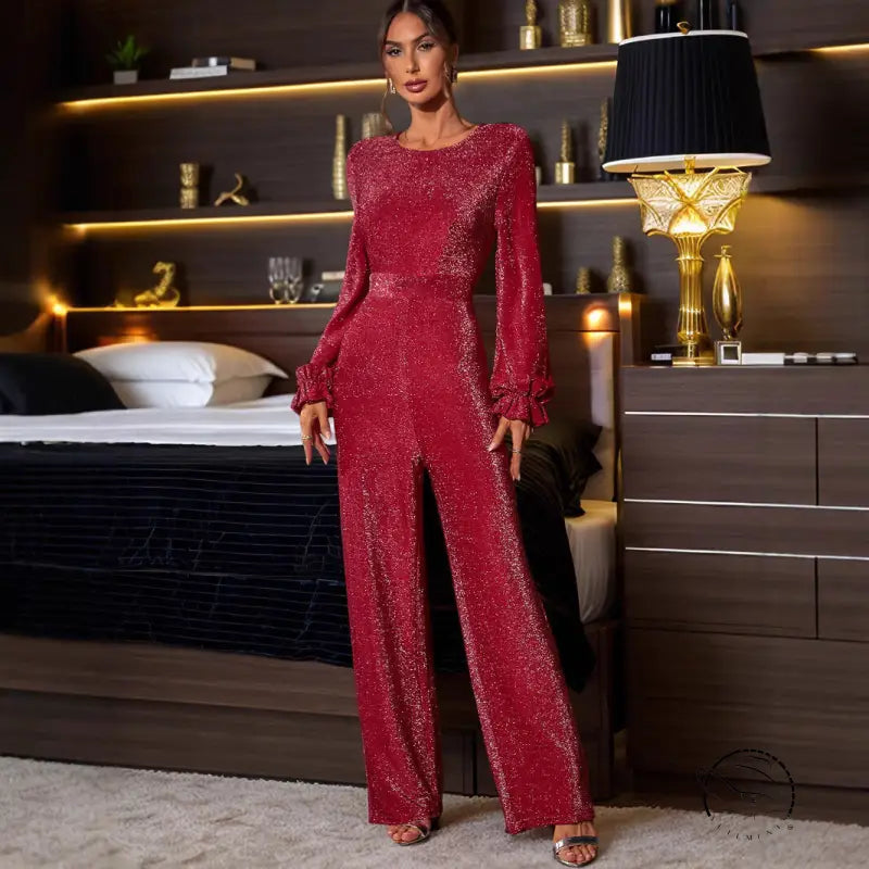 Red sparkly elegant retro high waist jumpsuit