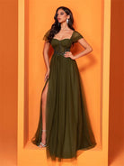 Olive green tulle gown from Elegant Cocktail Evening Dress, perfect for langry fashion ملابس