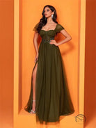 Elegant olive green tulle gown in langry fashion evening dress