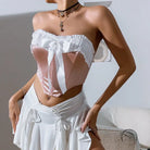 Street wooden ear bow pink satin corset top with white ruched mini skirt