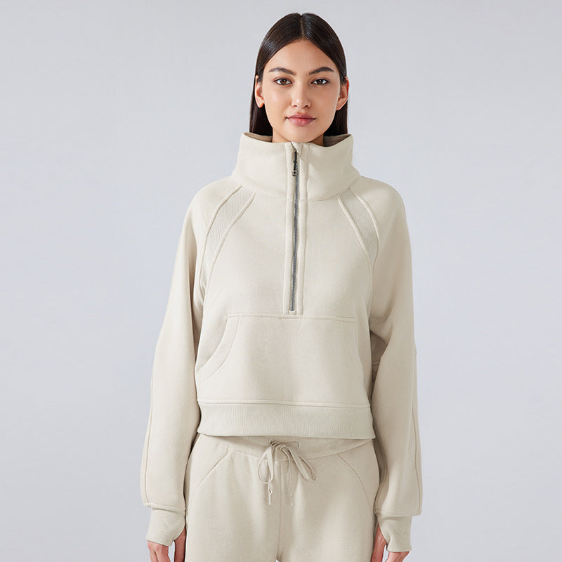 Beige Half-Zip Sweatshirt with High Collar for Women - Langry Fashion ملابس for Autumn Winter