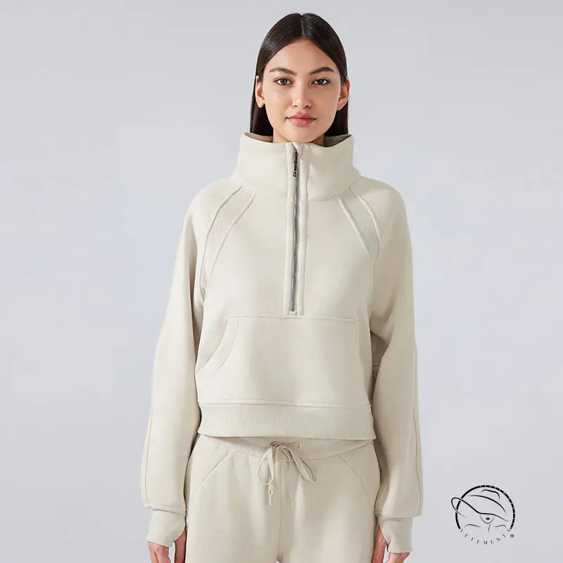 Beige half zipper high stand collar thermal fleece sweater