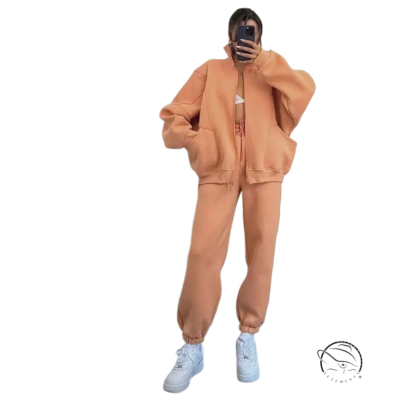 Comfy stand collar cardigan sweater suit in peach