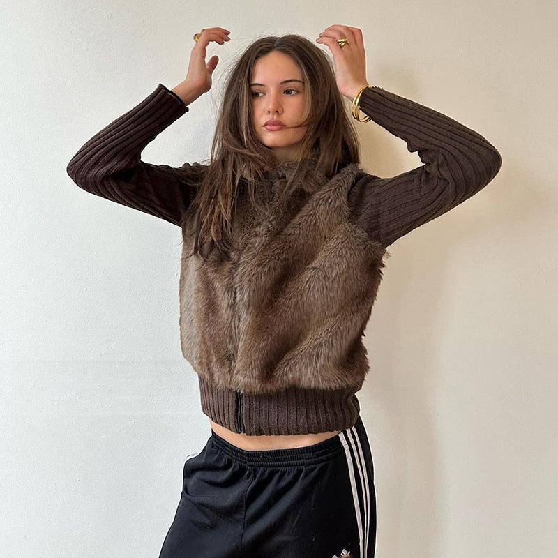 Langry fashion brown cropped furry coat with ribbed knit and logo sleeve