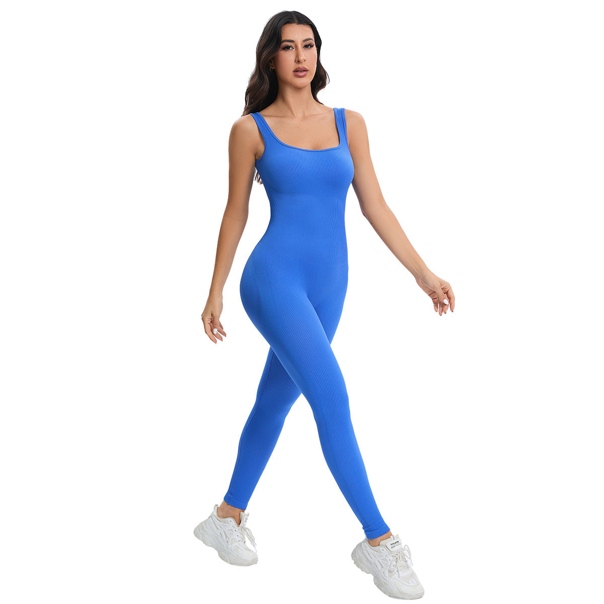Vibrant royal blue ribbed langry fashion bodysuit in seamless peach slim fit