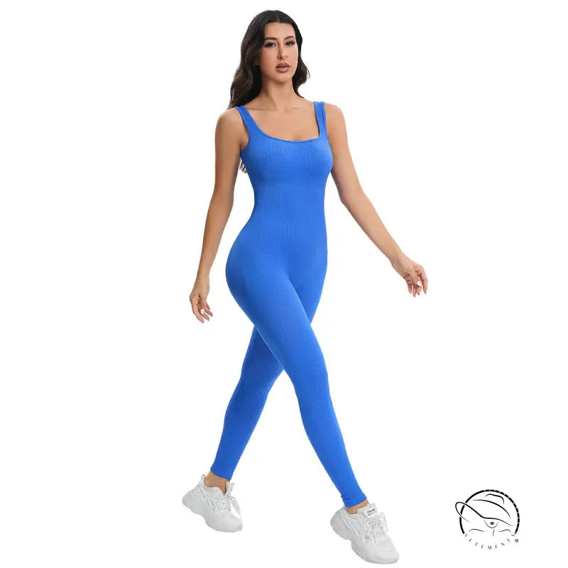 Vibrant royal blue ribbed langry fashion bodysuit in seamless peach slim fit