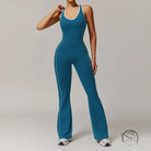 Blue flared yoga jumpsuit with white trim in Langry fashion