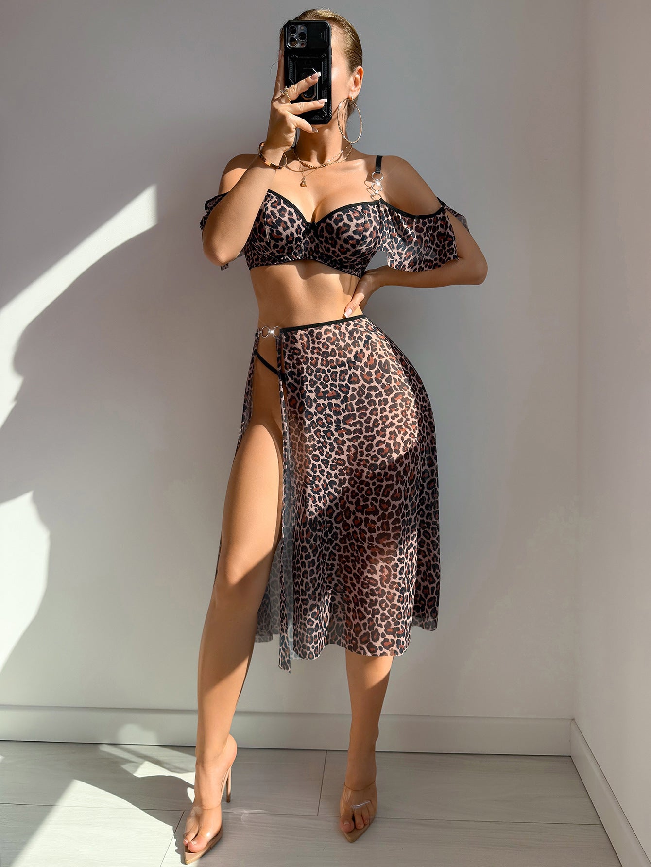 Gorgeous mesh leopard print lingerie set with sheer skirt and bralette