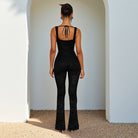 Elegant langry fashion black lace jumpsuit with tie-back and flared legs