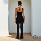 Elegant langry fashion black lace jumpsuit with tie-back and flared legs