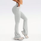 Light gray high-waisted flared langry yoga pants with phone pocket