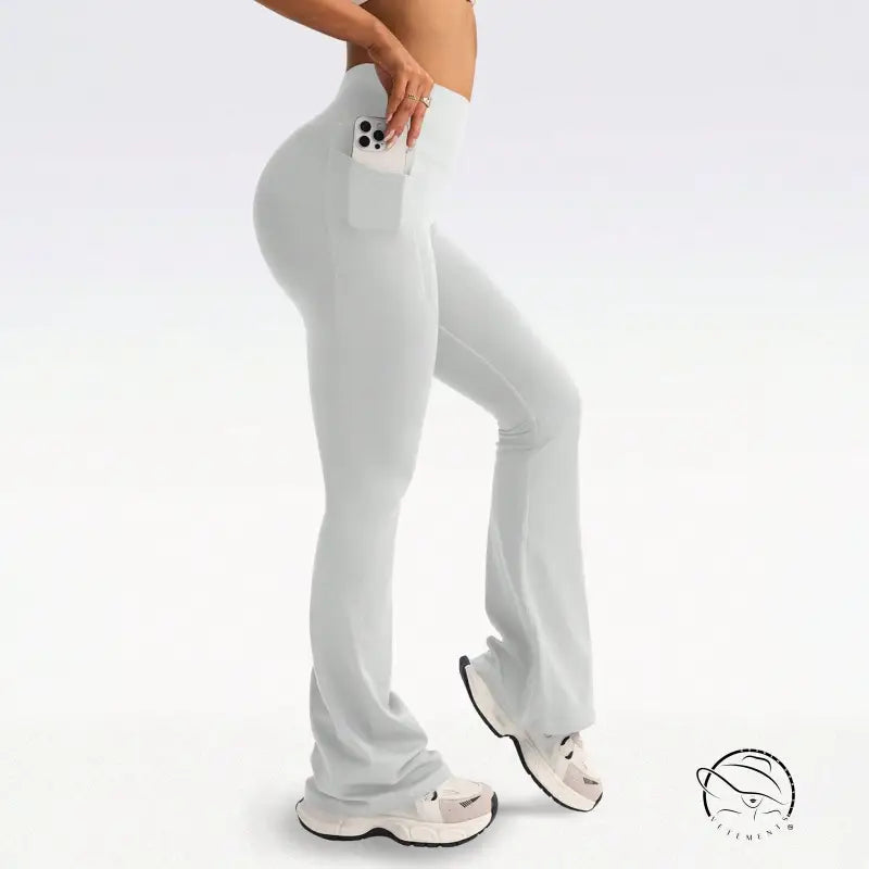 Light gray high-waisted flared langry yoga pants with phone pocket