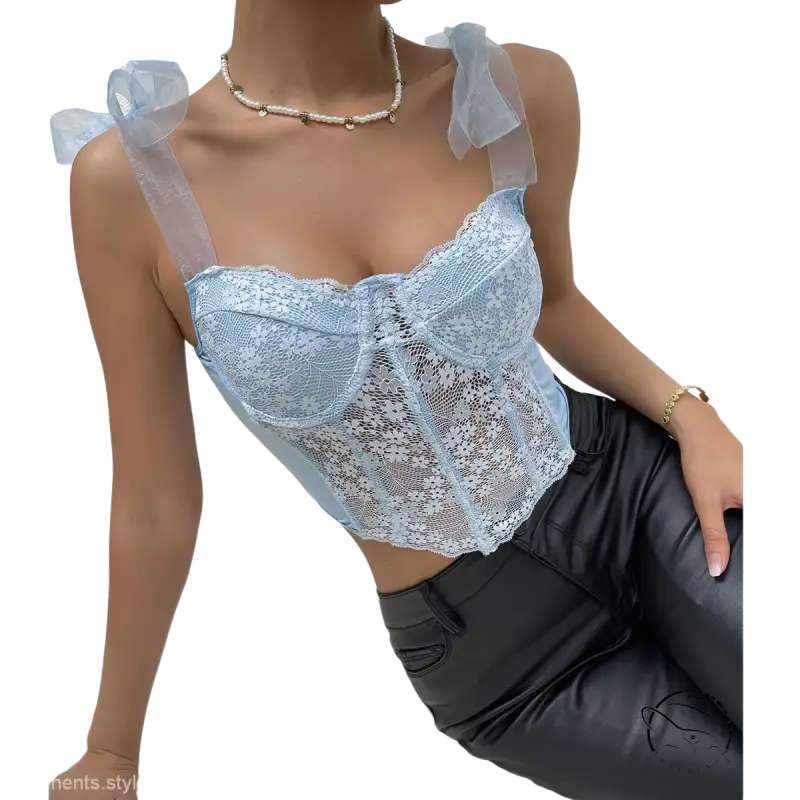 Sky blue boning corset top in light blue lace design