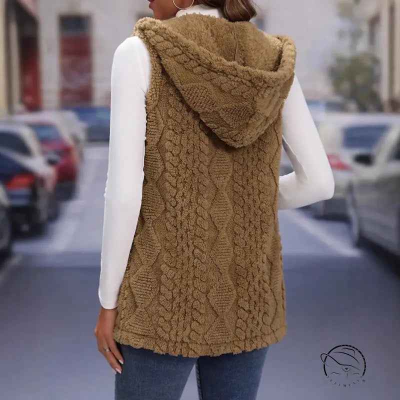 Langry fashion brown hooded vest with cable knit and faux fur lining