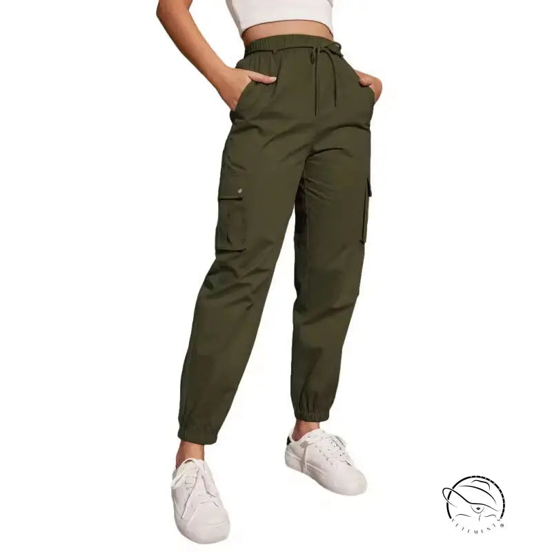 Olive green high waist wide leg cargo pants with ankle cuffs