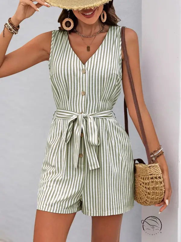 Sleeveless green and white striped beautiful summer jumpsuit with v-neck and waist tie