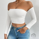 White off-the-shoulder camisole waist trimming short sleeve crop top
