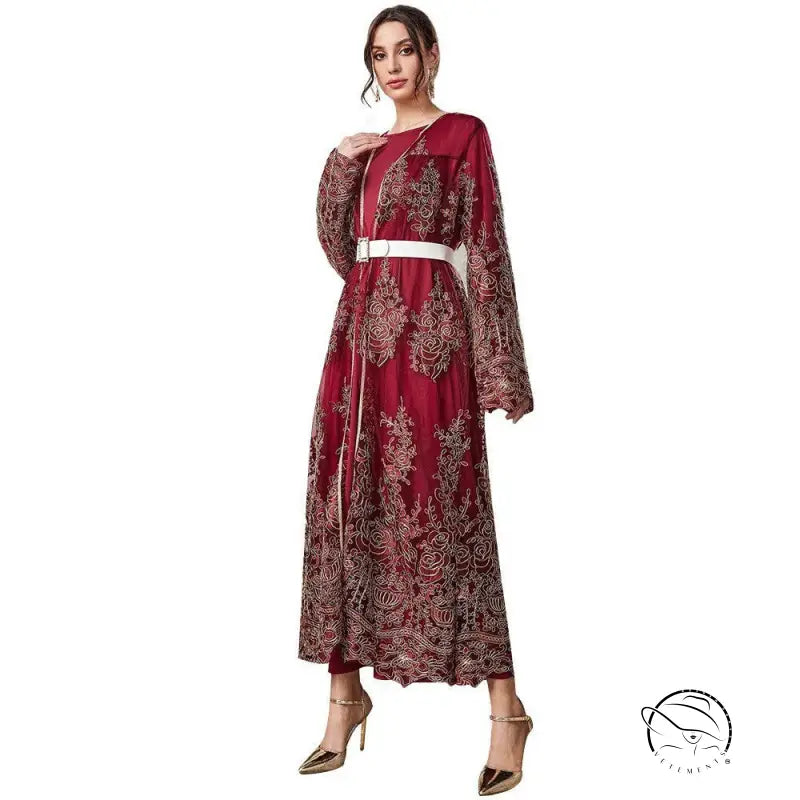 Maroon embroidered langry fashion maxi dress with gold floral patterns and white belt