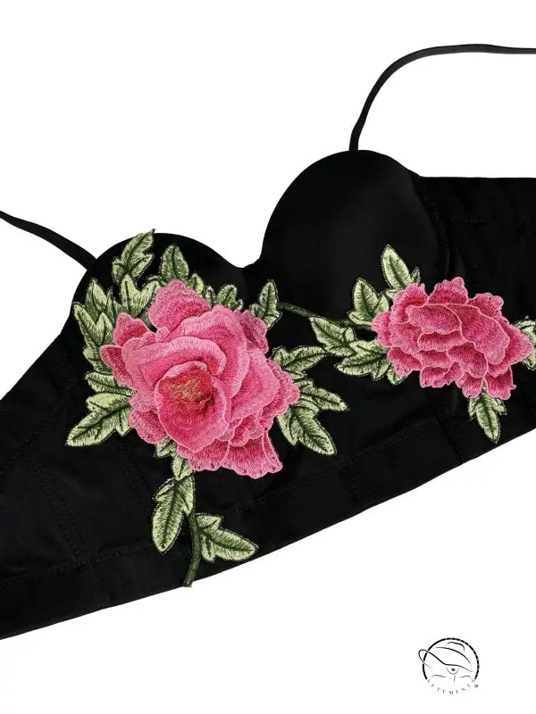 Embroidered floral short boning corset in black lingerie fashion