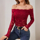 Red lace off-the-shoulder slim fit t-shirt with long sleeves and layered necklaces