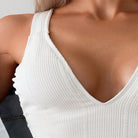 White ribbed V-neck top featured in Hiding One Piece Swimsuit women slimming beach collection