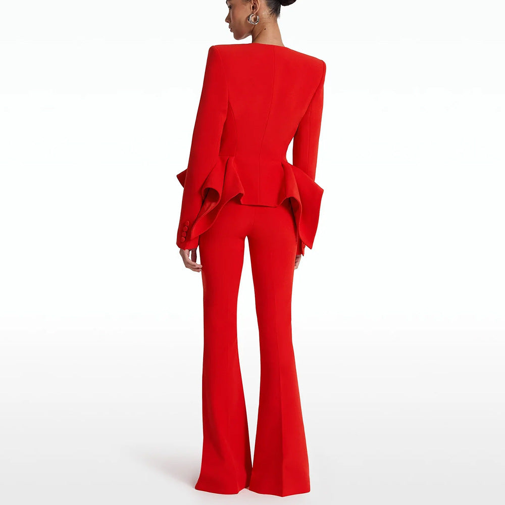 Red ruffled sleeve langry fashion jumpsuit with flared pants and bootcut set
