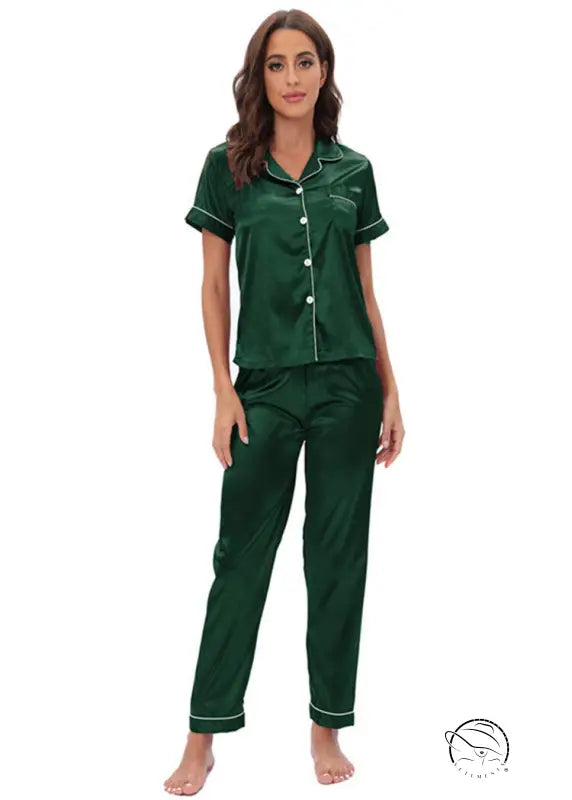 Green langry satin two-piece pajama set with white piping