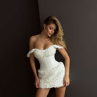 Langry fashion white floral lace mini dress with off-shoulder neckline and corset waistband