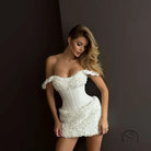 Slim fit white floral lace mini dress with off-shoulder neckline and corset waistband in Langry fashion