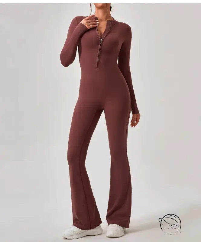 Brown long-sleeved zip-front jumpsuit in comfy one piece sportswear fashion