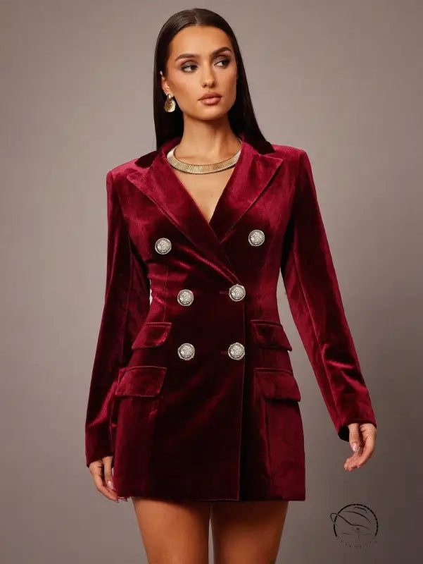 Elegant burgundy velvet slim business blazer in langry fashion ملابس
