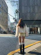 Langry faux fur oversized coat with rubber boots and socks