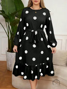 Black polka dot lotus leaf dress with balloon sleeves and tie-waist