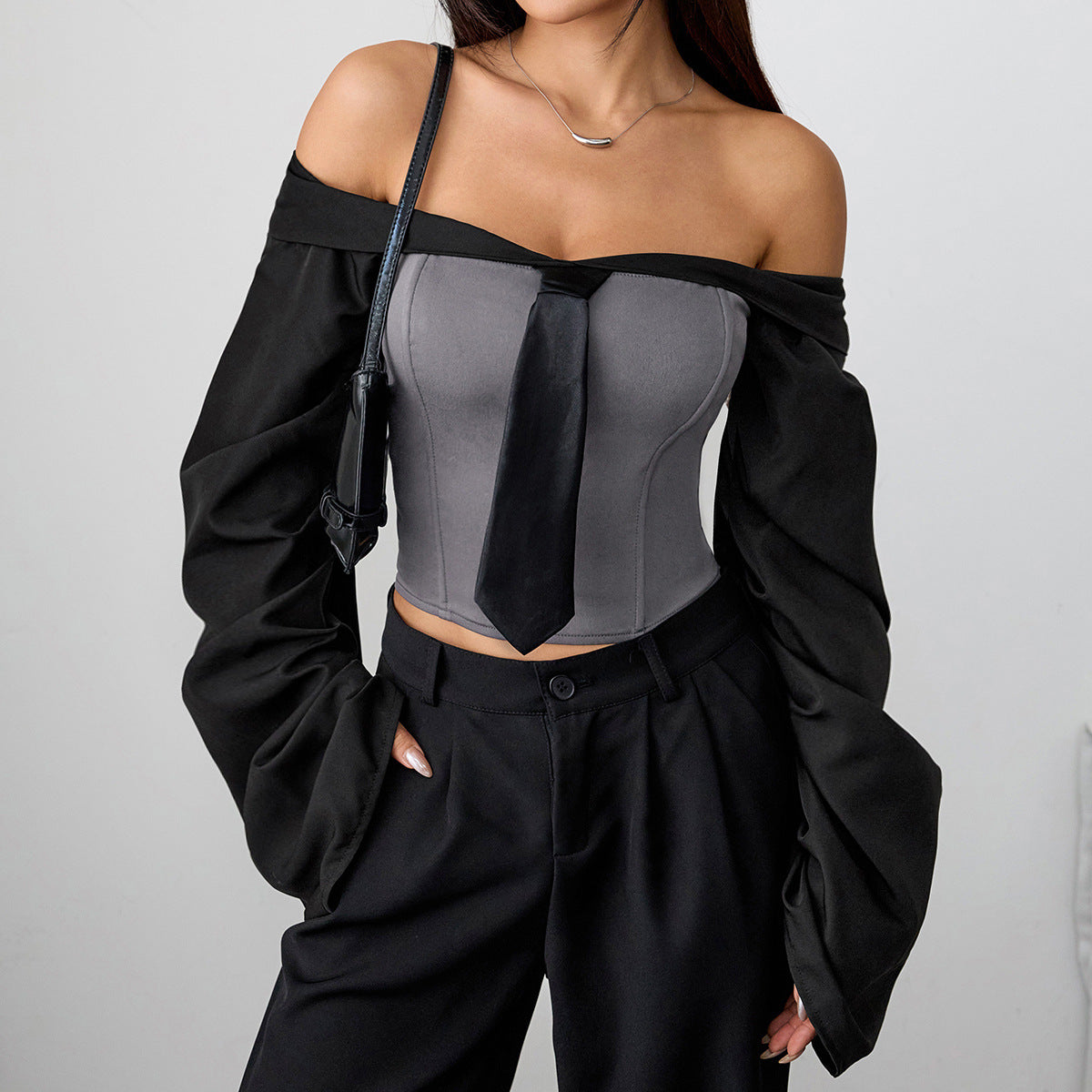 Langry fall slim fit tie boning corset: black off-shoulder blouse with tie detail and wide-leg pants