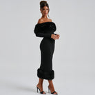 Langry enchanting fur trim black off-shoulder slim fit evening dress with high heels