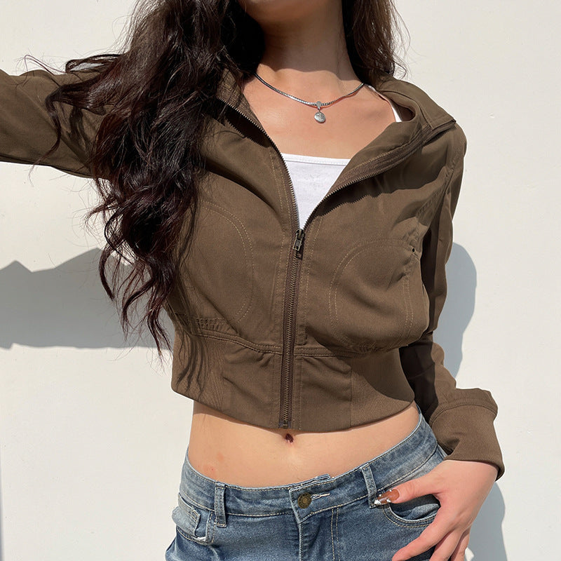 Vintage olive green Langry fashion hooded cropped jacket