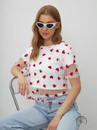 Elegant faux cotton short top with white mesh, red heart pattern, sheer puff sleeves