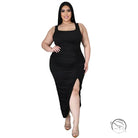 Black summer slim fit fold split midi dress with thigh-high slit