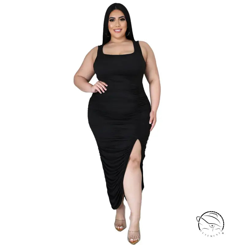 Black summer slim fit fold split midi dress with thigh-high slit