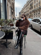 Gorgeous faux fur Langry fox jacket with black leather pants and boots