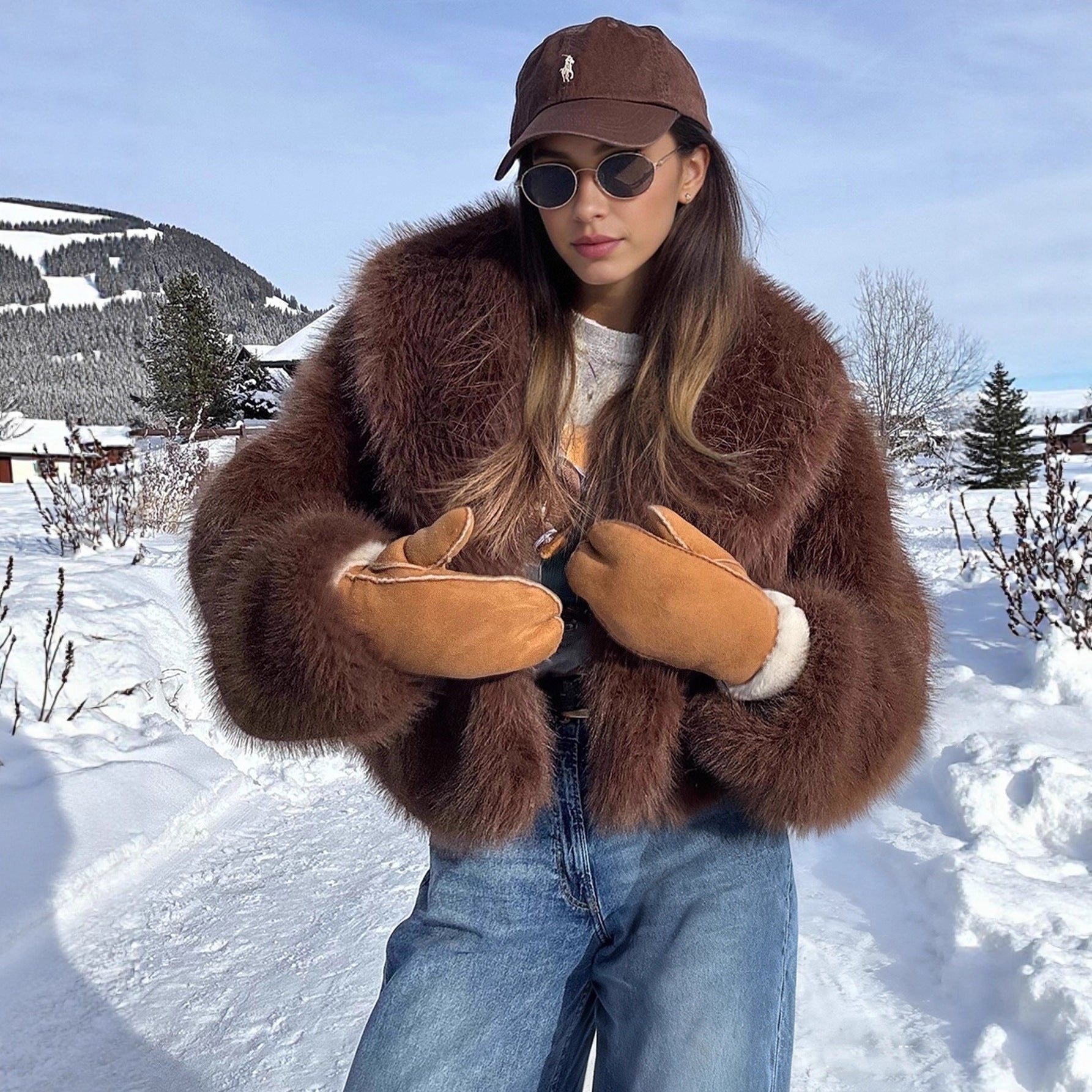 Ralph Lauren faux fur effect plush coat with brown fur and white lining