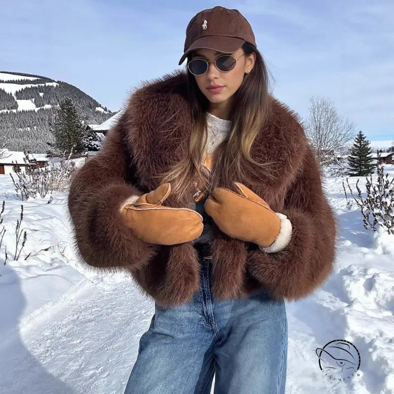 Ralph Lauren faux fur effect plush coat with brown fur and white lining