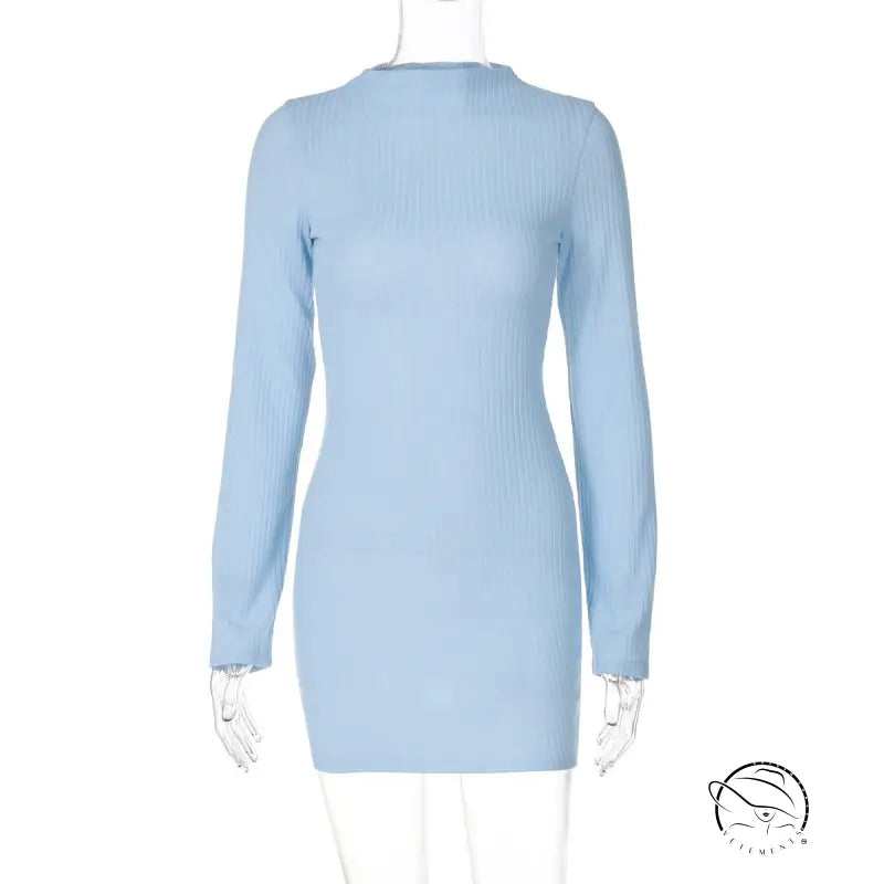 Light blue ribbed long-sleeve cozy slim knit dress in langry fashion ملابس