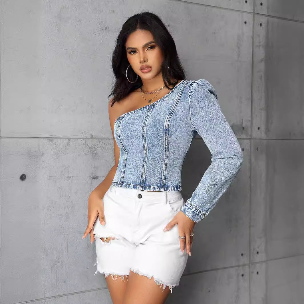 Women slim denim top with one-shoulder design and long puff sleeve for stylish women