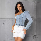 Women’s slim denim one-shoulder top with puff sleeve and distressed shorts