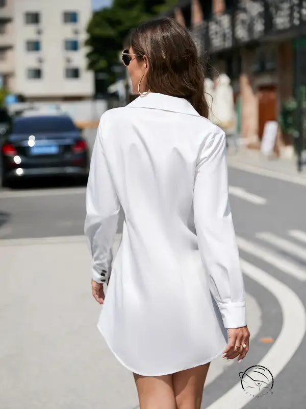 Beautiful short long sleeve white button-down shirt dress