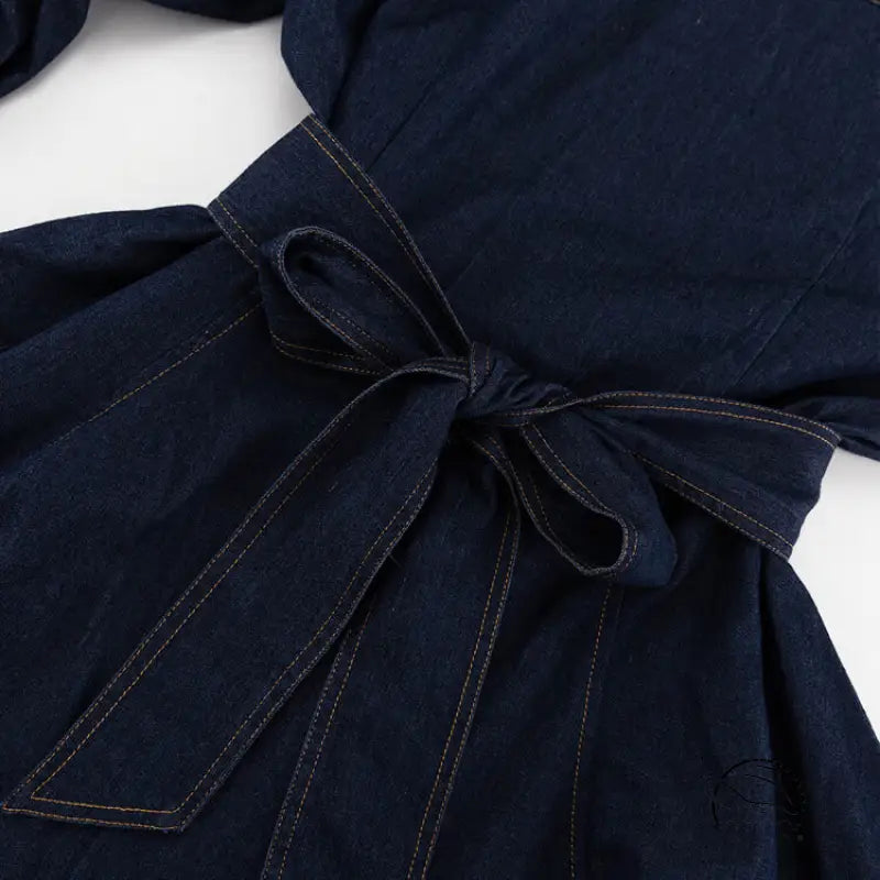 Dark indigo denim shirt fashionable dress with tie-waist belt