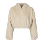 Cream-colored faux fur hooded jacket from the Plush Long Hooded collection